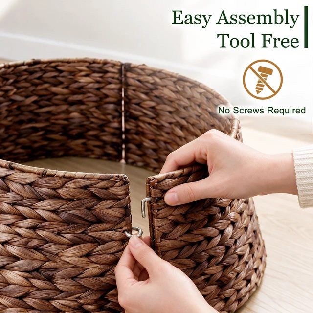 Alt view image 4 of 7 - 24" Rattan Christmas Small Tree Collar for 4-6ft Artificial Trees, Hand-Woven Wicker Tree Skirt Base Cover with Cord, Hyacinth Rustic Farmhouse Decor for Pencil Trees(Brown Wash)