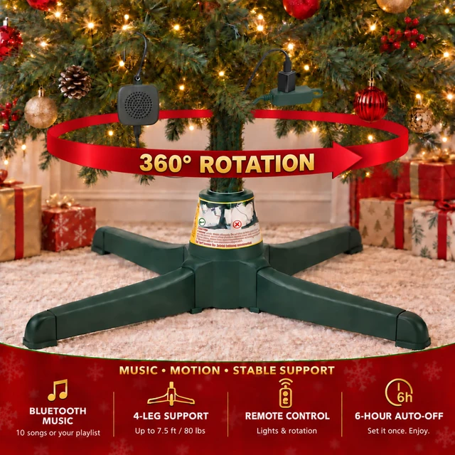Alt view image 4 of 7 - Musical Rotating Christmas Tree Stand with Remote Control, Bluetooth Speaker, 10 Songs, 360° Rotation, Fits 0.75, 0.87, 1.0, 1.26 in Trunks, Up to 7.5 ft/80 lb