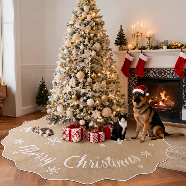 Alt view image 4 of 7 - 72 Inch Christmas Tree Skirt, Buffalo Plaid Tree Skirt for 7.5 ft Tree to 12ft Tree, Double Sided Burlap Tree Skirt Snowflake Xmas Tree Skirts for Winter Rustic Boho Farmhouse Tree Decor