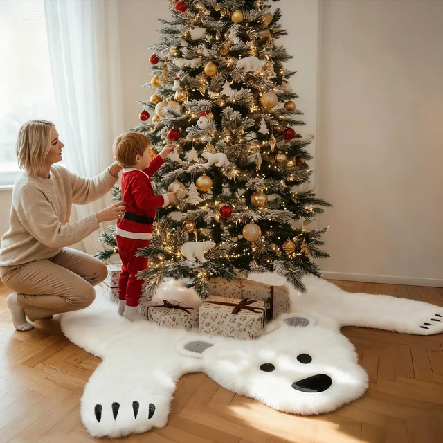 Alt view image 6 of 7 - 48Inch White Faux Fur Polar Bear Christmas Tree Skirt for Xmas Home Decor