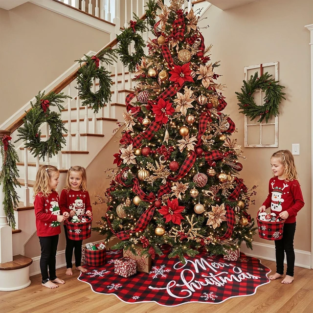 Alt view image 6 of 7 - 72 Inch Christmas Tree Skirt, Buffalo Plaid Tree Skirt for 7.5 ft Tree to 12ft Tree, Double Sided Burlap Tree Skirt Snowflake Xmas Tree Skirts for Winter Rustic Boho Farmhouse Tree Decor