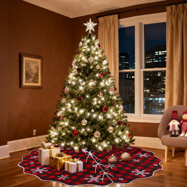 Alt view image 7 of 7 - 72 Inch Christmas Tree Skirt, Buffalo Plaid Tree Skirt for 7.5 ft Tree to 12ft Tree, Double Sided Burlap Tree Skirt Snowflake Xmas Tree Skirts for Winter Rustic Boho Farmhouse Tree Decor