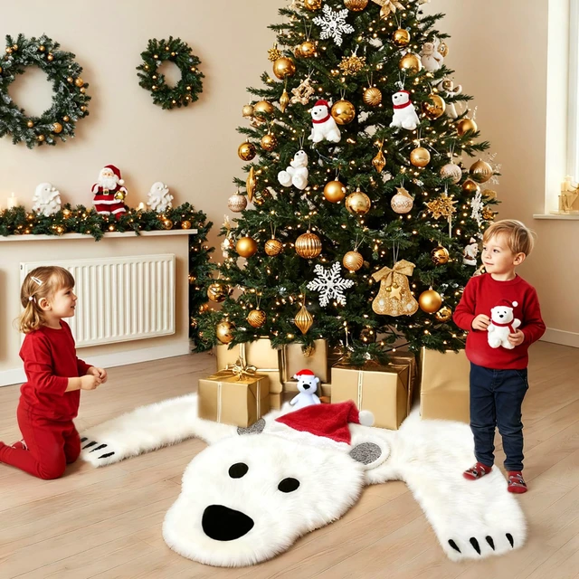 Alt view image 7 of 7 - 48Inch White Faux Fur Polar Bear Christmas Tree Skirt for Xmas Home Decor