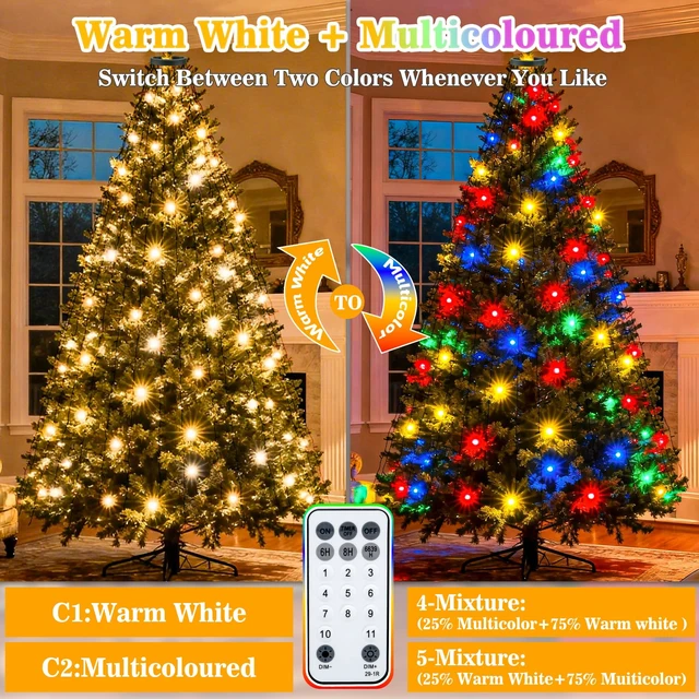 Alt view image 2 of 7 - Christmas Tree Lights with Remote, 9.8ft 592LED Christmas Lights Color Changing 16 Lines Warm White & MultiColor 11 Modes Dimmable Timer Memory Function Waterproof for 8-10ft Tree Indoor Outdoor Decor
