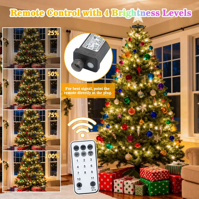 Alt view image 5 of 7 - Christmas Tree Lights with Remote, 9.8ft 592LED Christmas Lights Color Changing 16 Lines Warm White & MultiColor 11 Modes Dimmable Timer Memory Function Waterproof for 8-10ft Tree Indoor Outdoor Decor