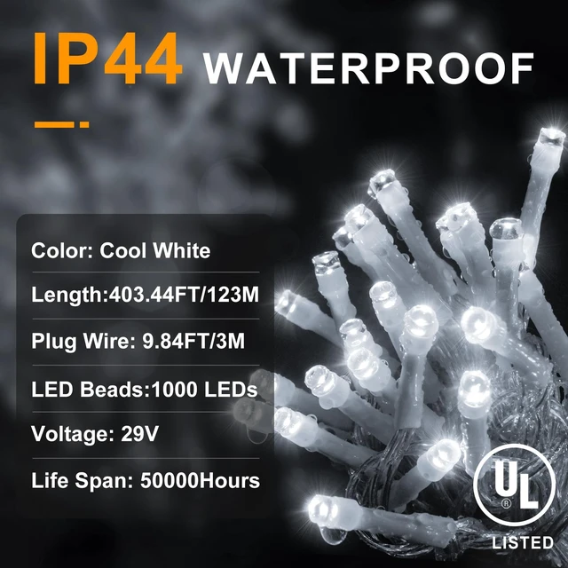 Alt view image 6 of 7 - 403ft 1000 LED String Lights Outdoor Christmas Lights 8 Modes & Timer Fairy Light Plug in Waterproof LED String Lights for Xmas Yard Tree Wedding Party Holiday Decorations (Cool White)