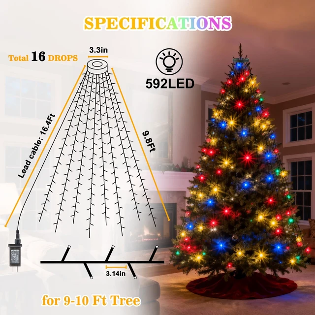 Alt view image 6 of 7 - Christmas Tree Lights with Remote, 9.8ft 592LED Christmas Lights Color Changing 16 Lines Warm White & MultiColor 11 Modes Dimmable Timer Memory Function Waterproof for 8-10ft Tree Indoor Outdoor Decor