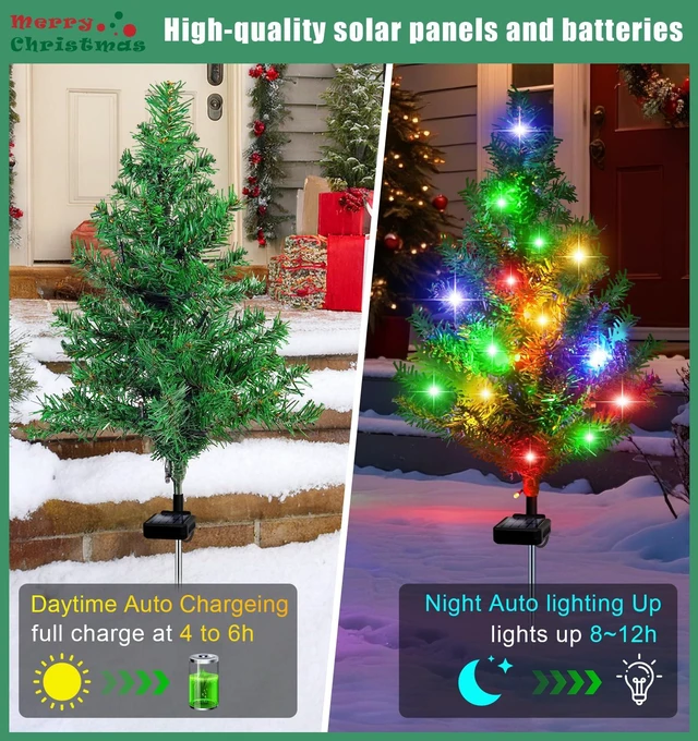 Alt view image 2 of 5 - Solar Christmas Tree Outdoor Decor, 4 Pack Waterproof Solar Xmas Decorations Garden Stake Lights, Multi-Color LED Artificial Prelit Christmas Décor for Outside Landscape Pathway Porch Yard Holiday