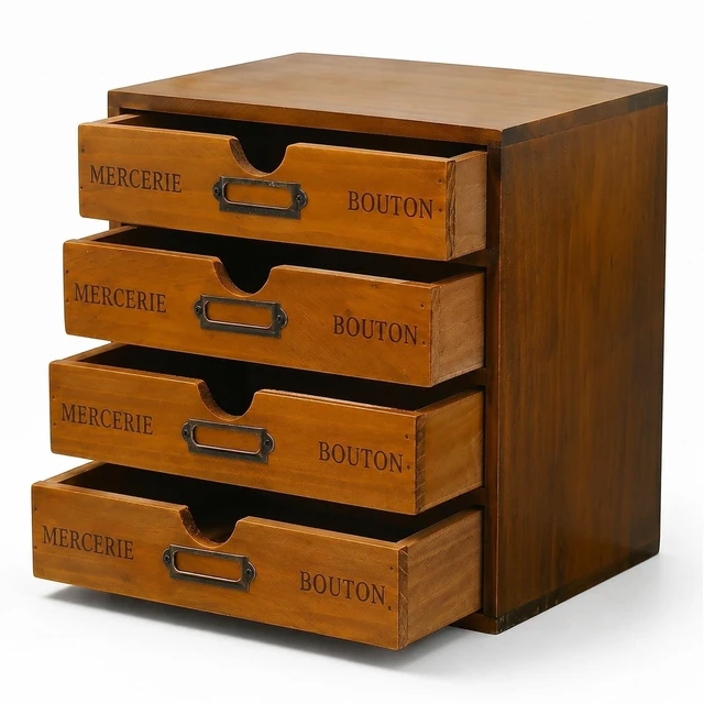 Main image of Modular Stackable Apothecary Cabinet 4 Drawer Desk Organizer - Retro Library Card Catalog Wood Storage Box - Organize Stationery, Thread Embroidery, Sewing, Crafts, Junk Drawer & Supplies Countertop
