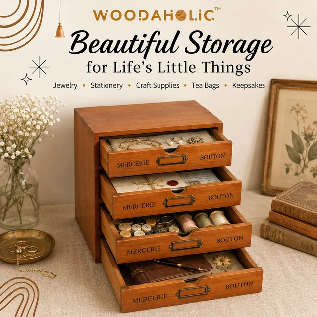 Alt view image 5 of 7 - Modular Stackable Apothecary Cabinet 4 Drawer Desk Organizer - Retro Library Card Catalog Wood Storage Box - Organize Stationery, Thread Embroidery, Sewing, Crafts, Junk Drawer & Supplies Countertop