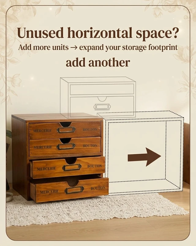 Alt view image 6 of 7 - Modular Stackable Apothecary Cabinet 4 Drawer Desk Organizer - Retro Library Card Catalog Wood Storage Box - Organize Stationery, Thread Embroidery, Sewing, Crafts, Junk Drawer & Supplies Countertop