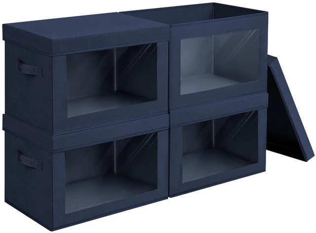 Main image of Stackable Storage Bins with Lids - Large Storage Box with Lids, Foldable Closet Boxes for Organizing, Wardrobe Clothes Organizer with Window, Cubes Bins for Living Room, 4 Pack, Navy Blue