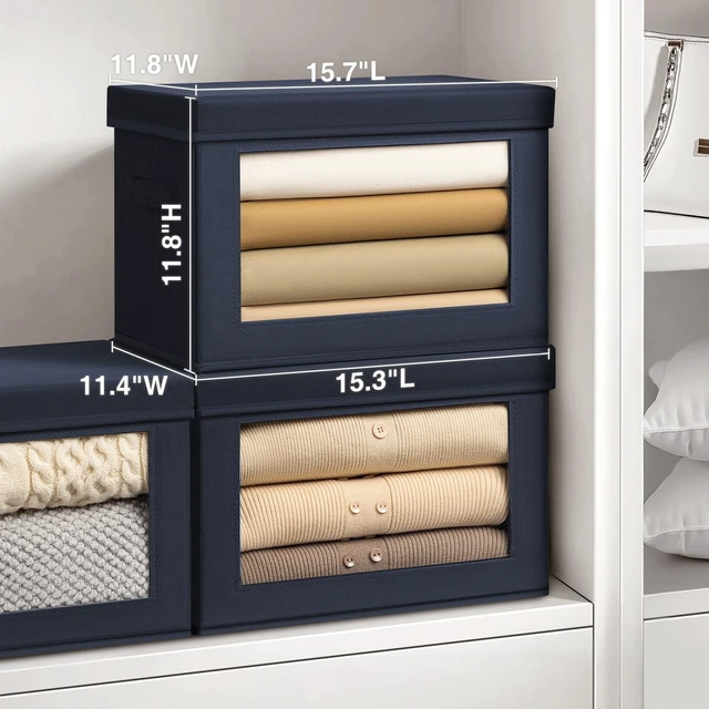 Alt view image 2 of 7 - Stackable Storage Bins with Lids - Large Storage Box with Lids, Foldable Closet Boxes for Organizing, Wardrobe Clothes Organizer with Window, Cubes Bins for Living Room, 4 Pack, Navy Blue