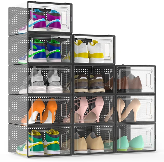 Main image of 12 Pack Large Stackable Clear Plastic Shoe Storage Boxes Organizer, Black
Easy to Assemble and Stack, Fit Size 9, Ventilated Dust-Proof, For Sneaker, Closet, Entryway, Under Bed, Replace Shoe Rack