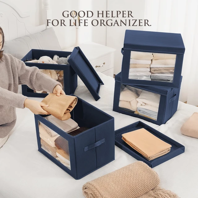 Alt view image 3 of 7 - Stackable Storage Bins with Lids - Large Storage Box with Lids, Foldable Closet Boxes for Organizing, Wardrobe Clothes Organizer with Window, Cubes Bins for Living Room, 4 Pack, Navy Blue