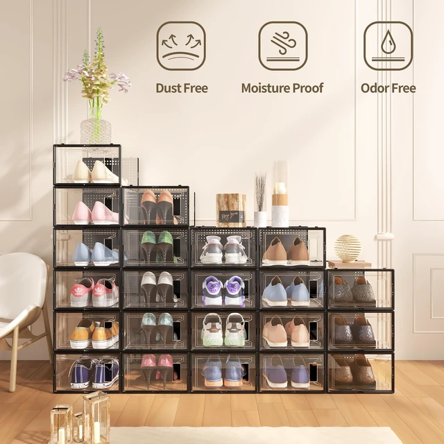 Alt view image 2 of 7 - 12 Pack Large Stackable Clear Plastic Shoe Storage Boxes Organizer, Black
Easy to Assemble and Stack, Fit Size 9, Ventilated Dust-Proof, For Sneaker, Closet, Entryway, Under Bed, Replace Shoe Rack