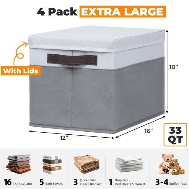 Alt view image 2 of 6 - Extra Large Storage Baskets with Lids 4 Pack, 33 QT Throw Blanket Basket for Living Room - Stackable Decorative Closet Shelf Organizers and Storage Box for Organizing Clothes Towels Book - 16x12 in