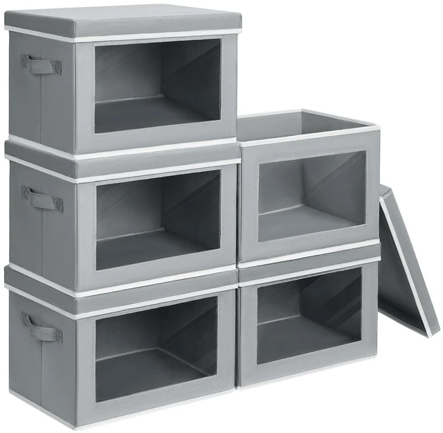 Main image of Stackable Storage Bins with Lids - Medium Storage Box with Lids, Foldable Closet Boxes for Organizing, Wardrobe Clothes Organizer with Window, Cubes Bins for Living Room, 5 Pack, Grey