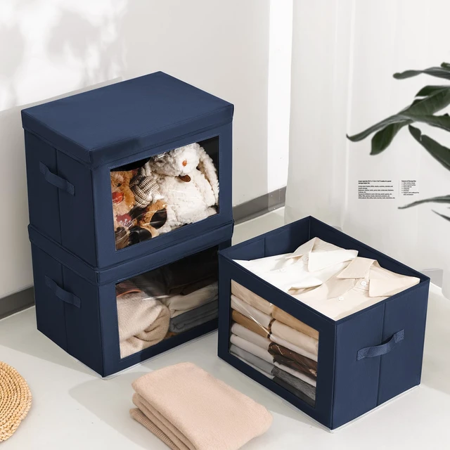 Alt view image 4 of 7 - Stackable Storage Bins with Lids - Large Storage Box with Lids, Foldable Closet Boxes for Organizing, Wardrobe Clothes Organizer with Window, Cubes Bins for Living Room, 4 Pack, Navy Blue