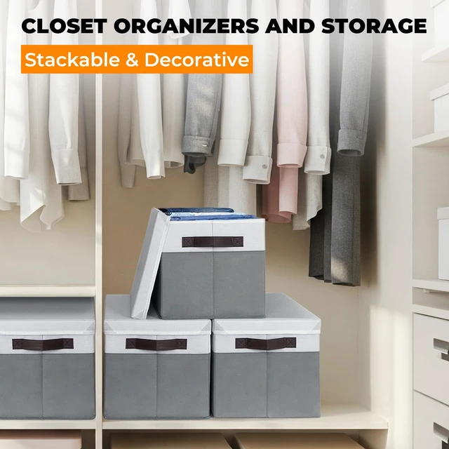 Alt view image 3 of 6 - Extra Large Storage Baskets with Lids 4 Pack, 33 QT Throw Blanket Basket for Living Room - Stackable Decorative Closet Shelf Organizers and Storage Box for Organizing Clothes Towels Book - 16x12 in