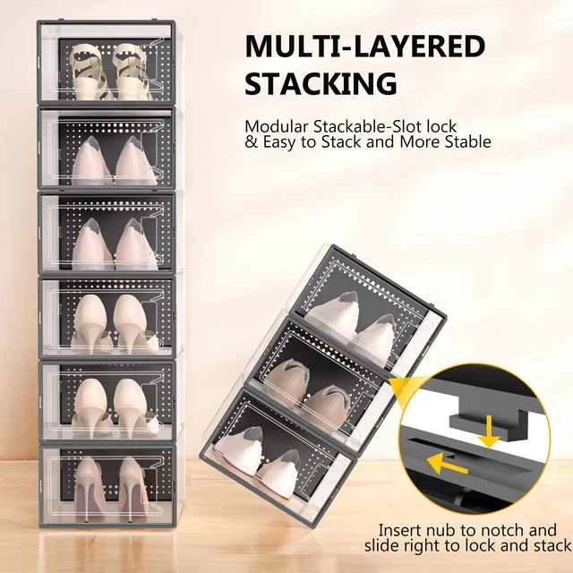 Alt view image 3 of 7 - 12 Pack Large Stackable Clear Plastic Shoe Storage Boxes Organizer, Black
Easy to Assemble and Stack, Fit Size 9, Ventilated Dust-Proof, For Sneaker, Closet, Entryway, Under Bed, Replace Shoe Rack