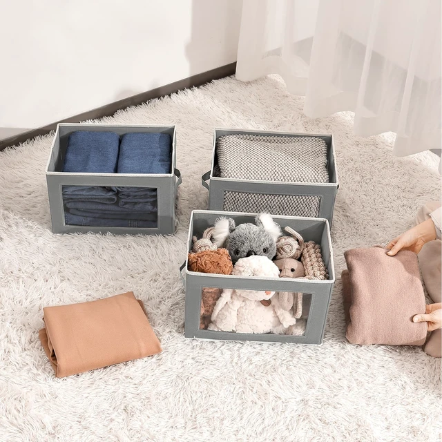 Alt view image 3 of 7 - Stackable Storage Bins with Lids - Medium Storage Box with Lids, Foldable Closet Boxes for Organizing, Wardrobe Clothes Organizer with Window, Cubes Bins for Living Room, 5 Pack, Grey