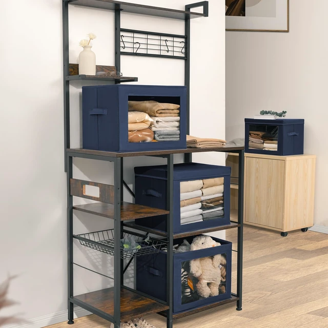 Alt view image 6 of 7 - Stackable Storage Bins with Lids - Large Storage Box with Lids, Foldable Closet Boxes for Organizing, Wardrobe Clothes Organizer with Window, Cubes Bins for Living Room, 4 Pack, Navy Blue