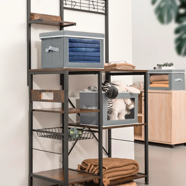 Alt view image 4 of 7 - Stackable Storage Bins with Lids - Medium Storage Box with Lids, Foldable Closet Boxes for Organizing, Wardrobe Clothes Organizer with Window, Cubes Bins for Living Room, 5 Pack, Grey