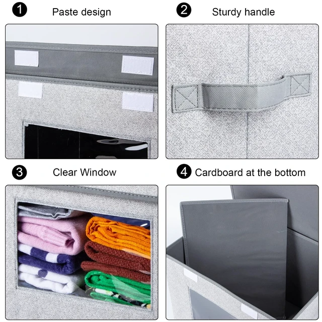 Alt view image 5 of 6 - Fabric Closet Storage Bins with Lids for Shelves 4 Pack, Gray
17 x 12 x 12 In Clothes Storage Bins with Handles & Window, Foldable Closet Organizers and Storage for Home, Office, Bedroom