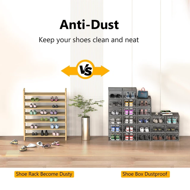 Alt view image 5 of 7 - 12 Pack Large Stackable Clear Plastic Shoe Storage Boxes Organizer, Black
Easy to Assemble and Stack, Fit Size 9, Ventilated Dust-Proof, For Sneaker, Closet, Entryway, Under Bed, Replace Shoe Rack