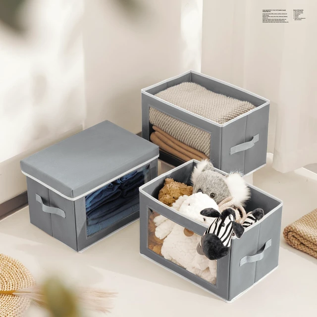Alt view image 5 of 7 - Stackable Storage Bins with Lids - Medium Storage Box with Lids, Foldable Closet Boxes for Organizing, Wardrobe Clothes Organizer with Window, Cubes Bins for Living Room, 5 Pack, Grey