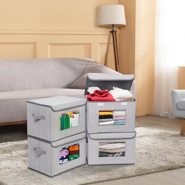 Alt view image 6 of 6 - Fabric Closet Storage Bins with Lids for Shelves 4 Pack, Gray
17 x 12 x 12 In Clothes Storage Bins with Handles & Window, Foldable Closet Organizers and Storage for Home, Office, Bedroom