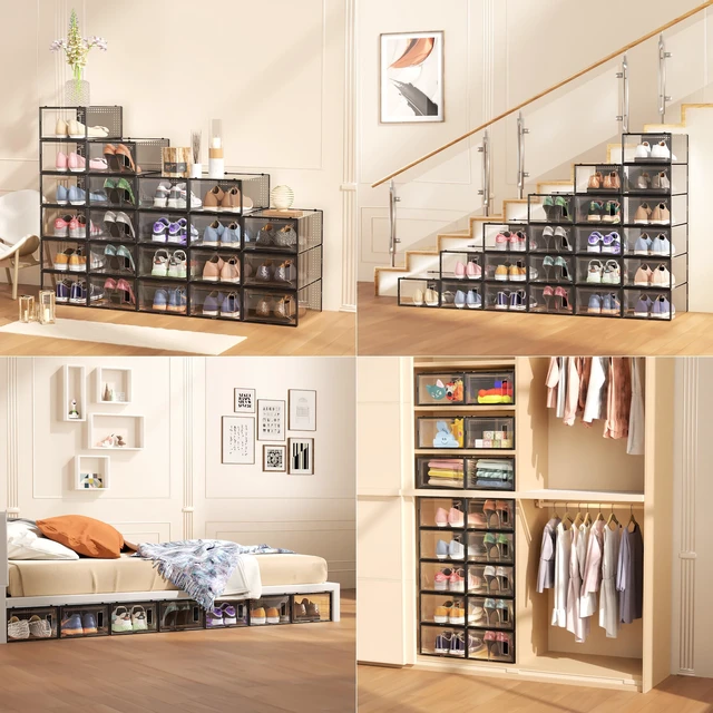Alt view image 6 of 7 - 12 Pack Large Stackable Clear Plastic Shoe Storage Boxes Organizer, Black
Easy to Assemble and Stack, Fit Size 9, Ventilated Dust-Proof, For Sneaker, Closet, Entryway, Under Bed, Replace Shoe Rack