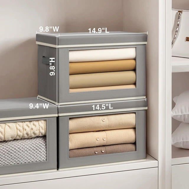 Alt view image 6 of 7 - Stackable Storage Bins with Lids - Medium Storage Box with Lids, Foldable Closet Boxes for Organizing, Wardrobe Clothes Organizer with Window, Cubes Bins for Living Room, 5 Pack, Grey
