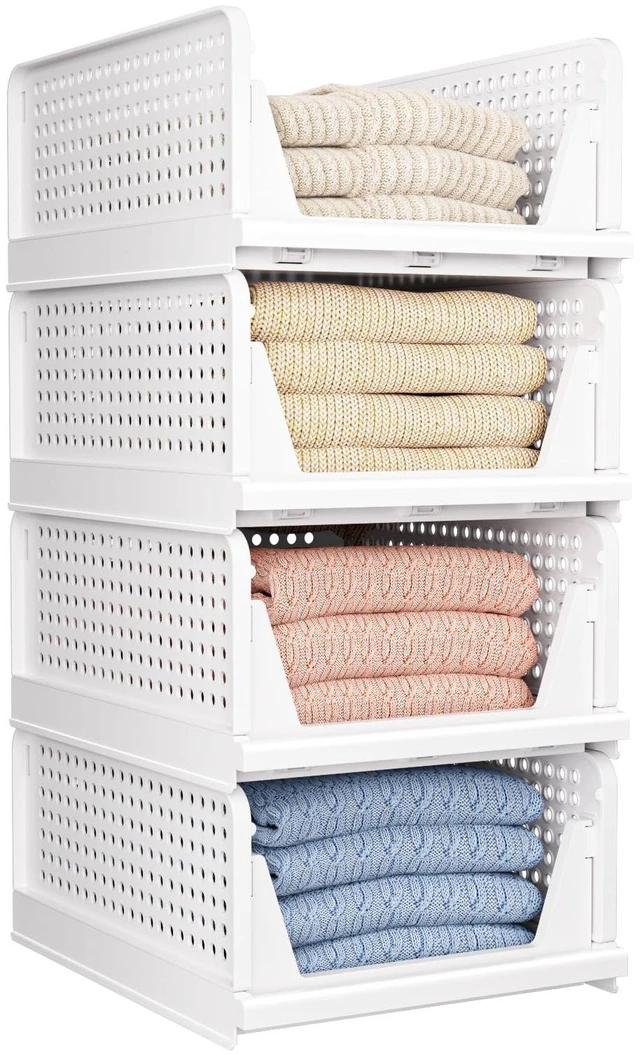 Main image of 4 Pack Folding Closet Organizers Storage Box, Stackable Storage Bins, Plastic Drawer Basket Closet Storage for Wardrobe Cupboard Kitchen Bathroom Office White-4L