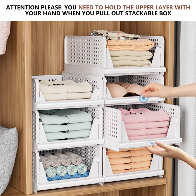 Alt view image 2 of 7 - 4 Pack Folding Closet Organizers Storage Box, Stackable Storage Bins, Plastic Drawer Basket Closet Storage for Wardrobe Cupboard Kitchen Bathroom Office White-4L