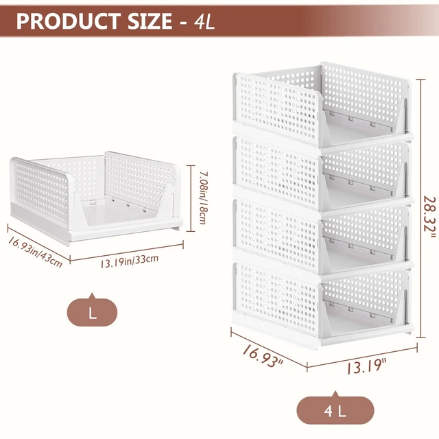 Alt view image 3 of 7 - 4 Pack Folding Closet Organizers Storage Box, Stackable Storage Bins, Plastic Drawer Basket Closet Storage for Wardrobe Cupboard Kitchen Bathroom Office White-4L