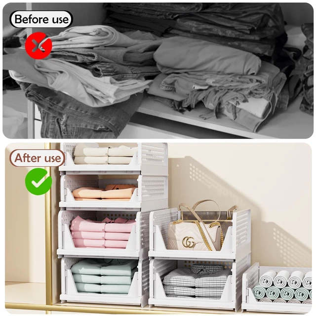 Alt view image 4 of 7 - 4 Pack Folding Closet Organizers Storage Box, Stackable Storage Bins, Plastic Drawer Basket Closet Storage for Wardrobe Cupboard Kitchen Bathroom Office White-4L