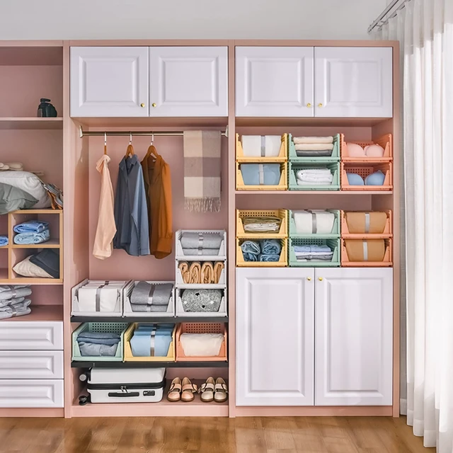Alt view image 7 of 7 - 4 Pack Folding Closet Organizers Storage Box, Stackable Storage Bins, Plastic Drawer Basket Closet Storage for Wardrobe Cupboard Kitchen Bathroom Office White-4L