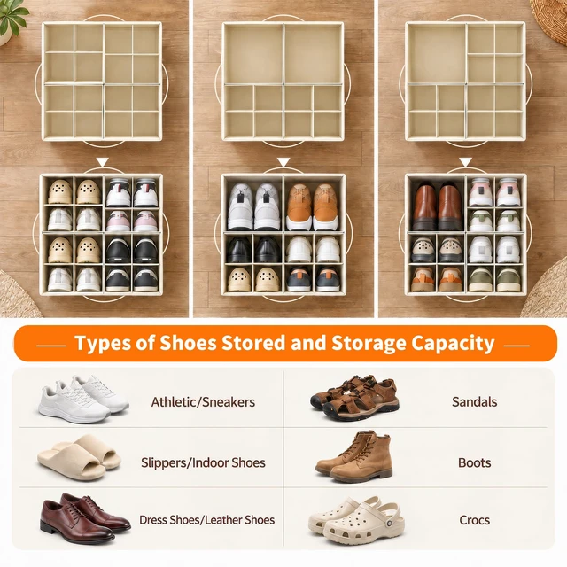 Alt view image 2 of 6 - Shoe Organizer for Closet, Foldable Shoe Storage with Adjustable Dividers