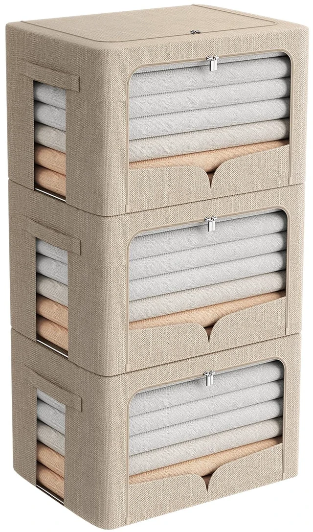 Main image of 3 Pack Clothes Storage Bins Foldable Metal Frame Storage Box Stackable Linen Fabric Organizer Set with Carrying Handles and Clear Window (Beige, 15.7x11.8x11.8inch(36L))