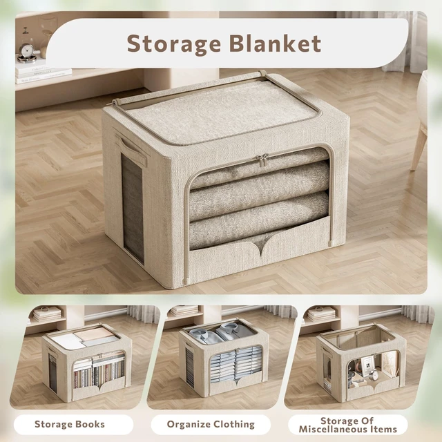 Alt view image 2 of 6 - 3 Pack Clothes Storage Bins Foldable Metal Frame Storage Box Stackable Linen Fabric Organizer Set with Carrying Handles and Clear Window (Beige, 15.7x11.8x11.8inch(36L))