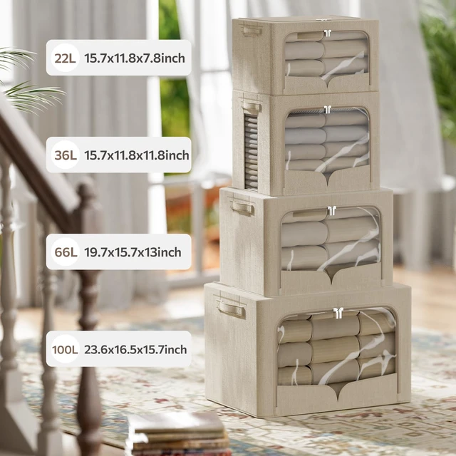 Alt view image 4 of 6 - 3 Pack Clothes Storage Bins Foldable Metal Frame Storage Box Stackable Linen Fabric Organizer Set with Carrying Handles and Clear Window (Beige, 15.7x11.8x11.8inch(36L))