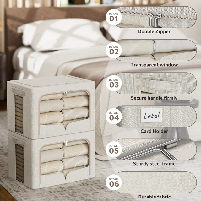 Alt view image 6 of 6 - 3 Pack Clothes Storage Bins Foldable Metal Frame Storage Box Stackable Linen Fabric Organizer Set with Carrying Handles and Clear Window (Beige, 15.7x11.8x11.8inch(36L))
