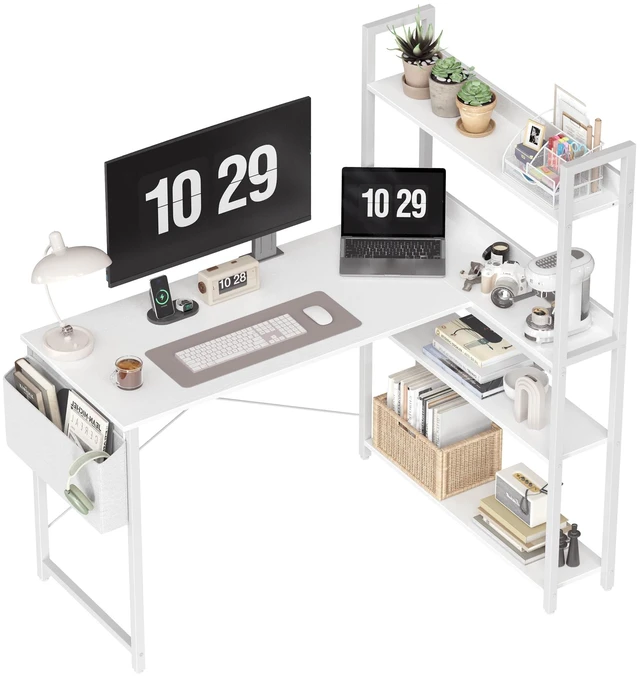 Main image of 47 Inch Computer Desk with Bookshelf, Corner Desk with Storage, L Shaped Desk, Home Office Desks, Writing Study Desk for Bedroom, White