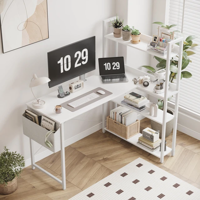 Alt view image 2 of 6 - 47 Inch Computer Desk with Bookshelf, Corner Desk with Storage, L Shaped Desk, Home Office Desks, Writing Study Desk for Bedroom, White