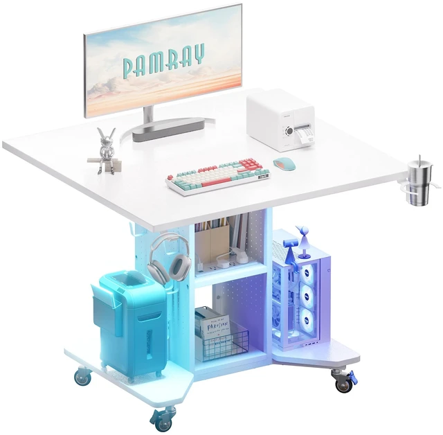 Main image of Small Gaming Desk Rolling Computer Table White
Movable, with Led Lights Power Outlets, with Storage Pegboard and Hook, Sturdy, Suitable for Study Gaming Bedroom Dorm