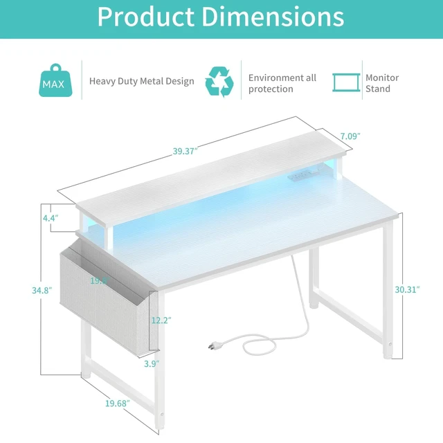 Alt view image 2 of 7 - White Computer Desk with LED Lights and Power Outlets, 40 Inch Home Office Desks with Monitor Stand, Teen Writing Study Table Gaming Desk with Charging Station, White