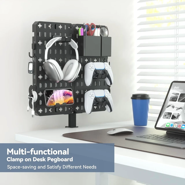 Alt view image 2 of 7 - 7 in 1 Clamp-on Desk Pegboard - No Drill Desk Side Storage with Phone Stand/Pen Holder/Storage Box/Headset & Controller Holder/Hooks, Detachable Gaming Pegboard for Office & Home Desktop Organizer