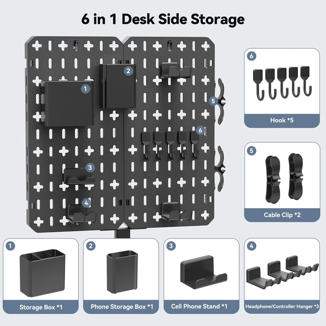 Alt view image 3 of 7 - 7 in 1 Clamp-on Desk Pegboard - No Drill Desk Side Storage with Phone Stand/Pen Holder/Storage Box/Headset & Controller Holder/Hooks, Detachable Gaming Pegboard for Office & Home Desktop Organizer